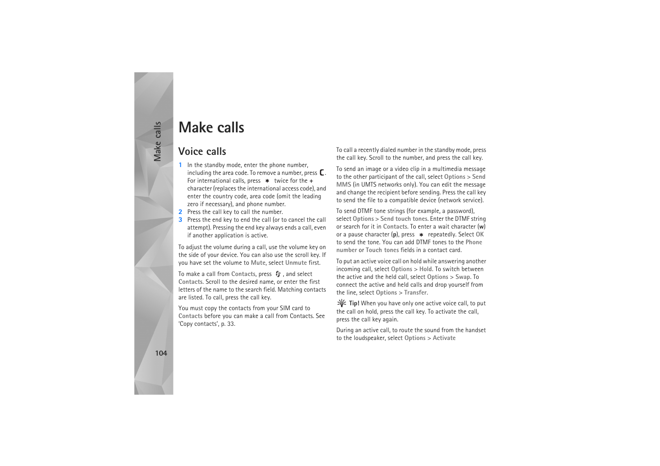 Make calls, Voice calls | Nokia N81 User Manual | Page 104 / 146