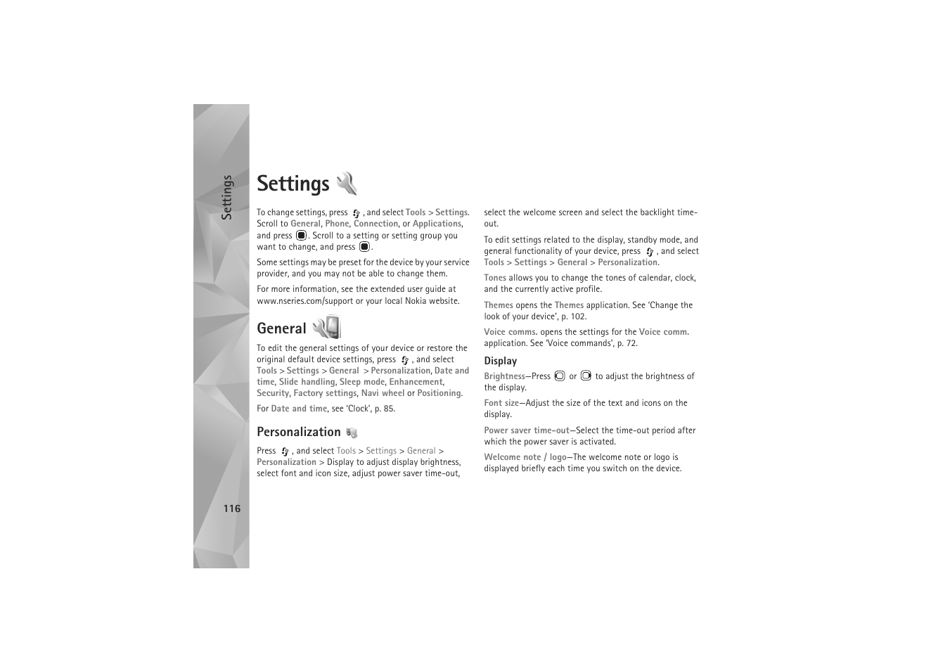 Settings, General, Personalization | Nokia N81 User Manual | Page 116 / 146