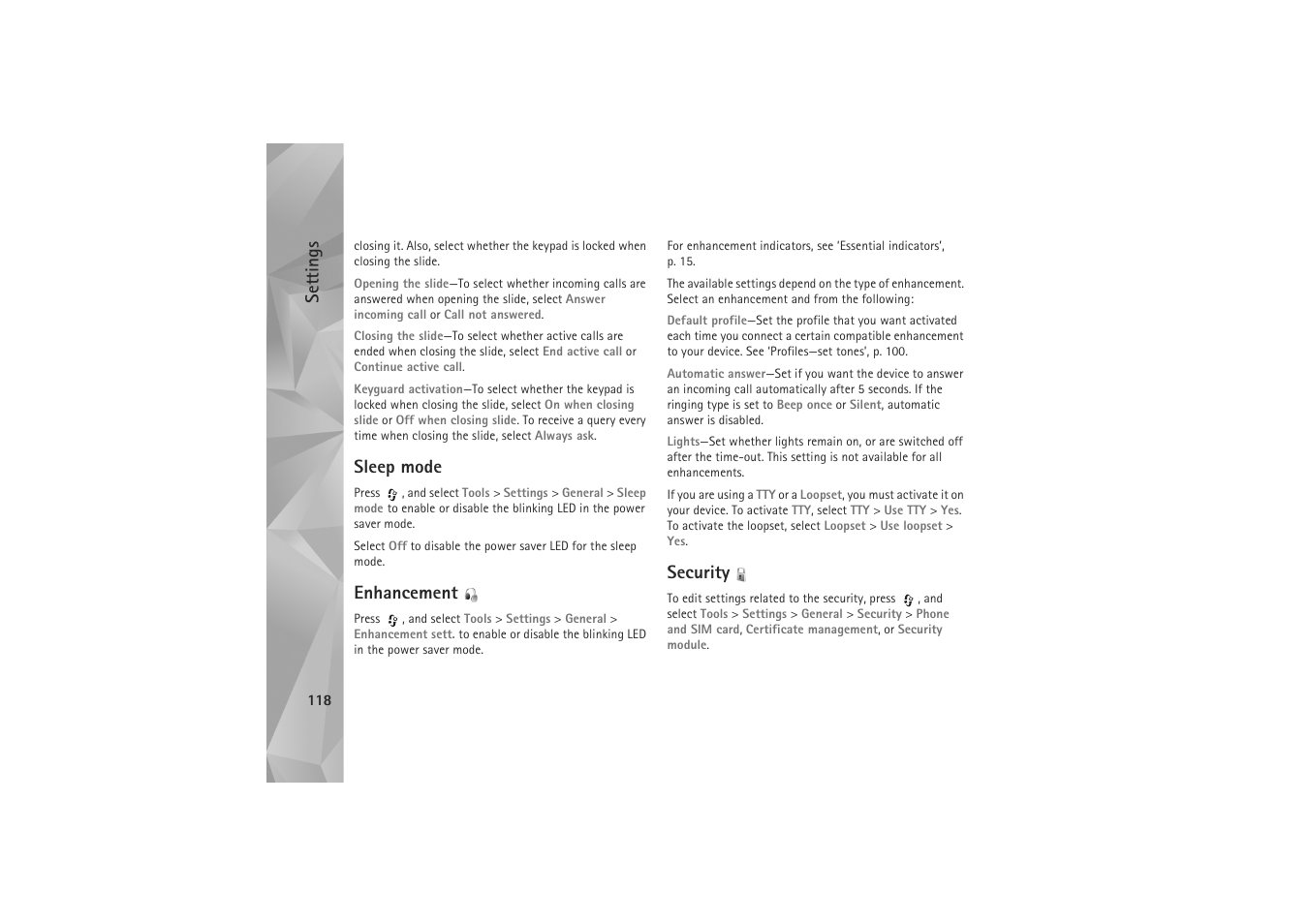 Settings, Sleep mode, Enhancement | Security | Nokia N81 User Manual | Page 118 / 146