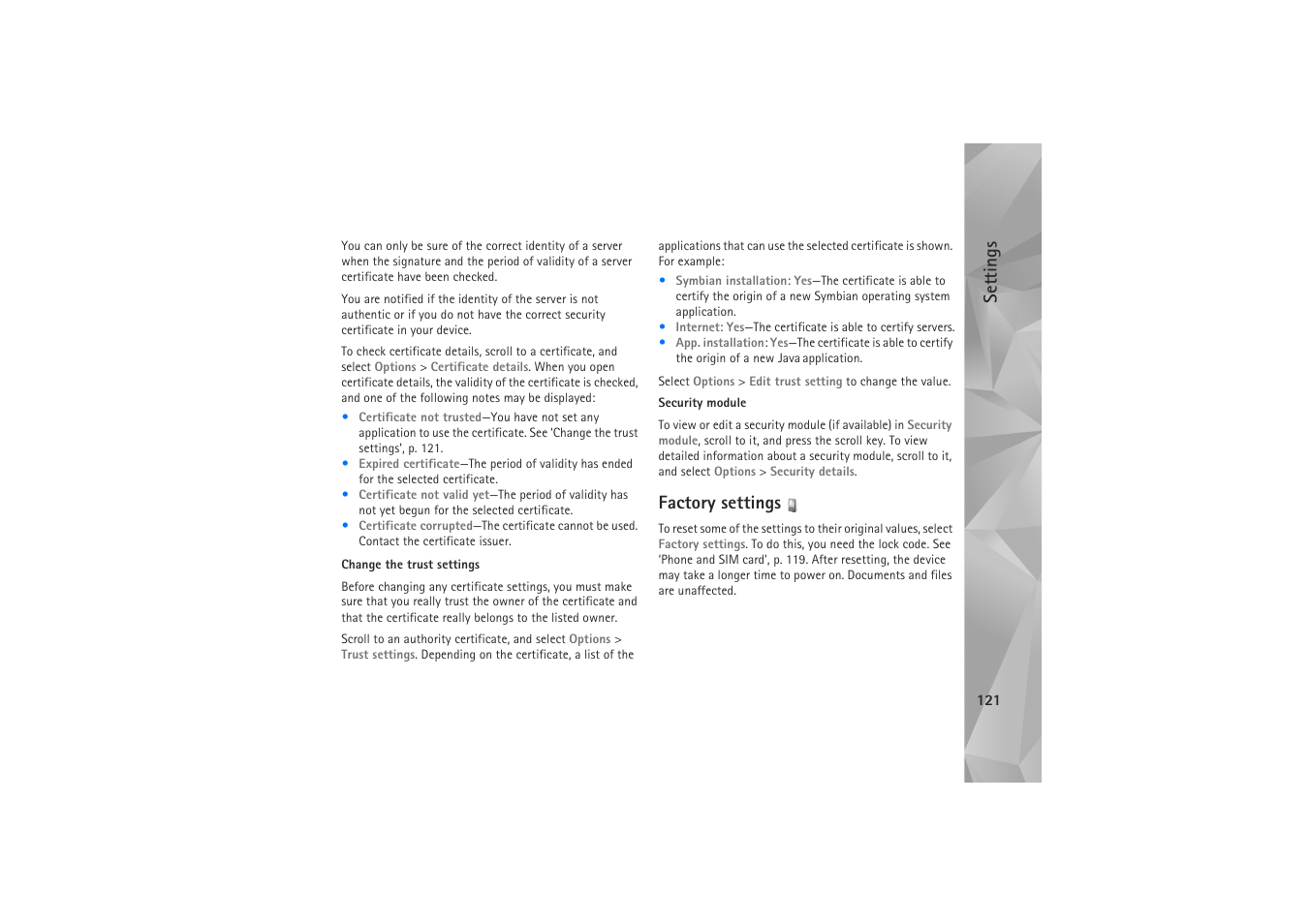 Settings, Factory settings | Nokia N81 User Manual | Page 121 / 146