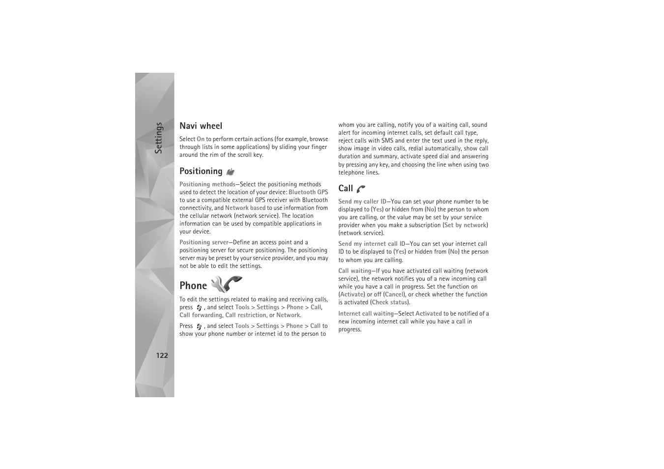 Phone, Message, see ‘call, Mera in your device, see ‘call | Settings, Navi wheel, Positioning, Call | Nokia N81 User Manual | Page 122 / 146