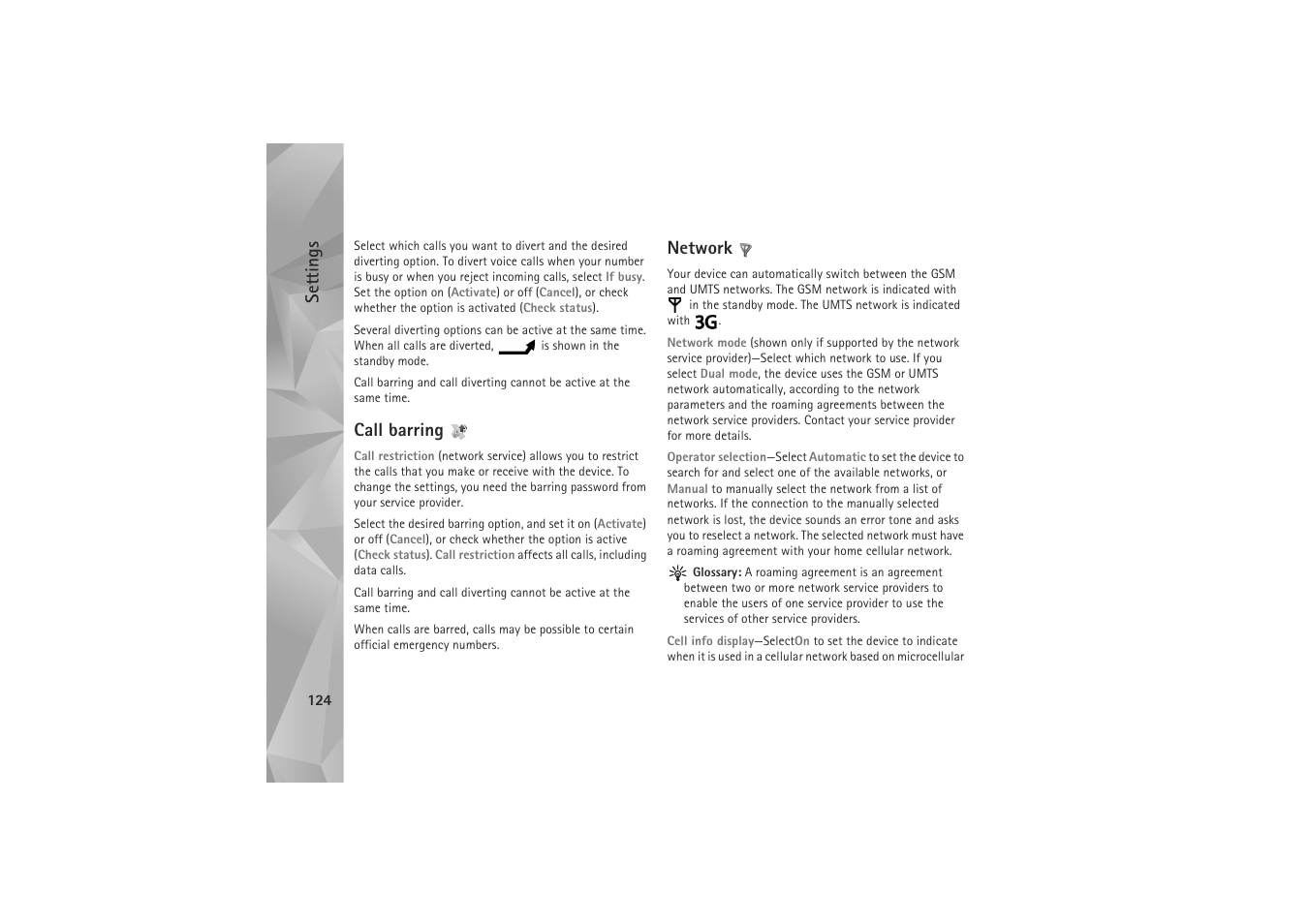 Settings, Call barring, Network | Nokia N81 User Manual | Page 124 / 146