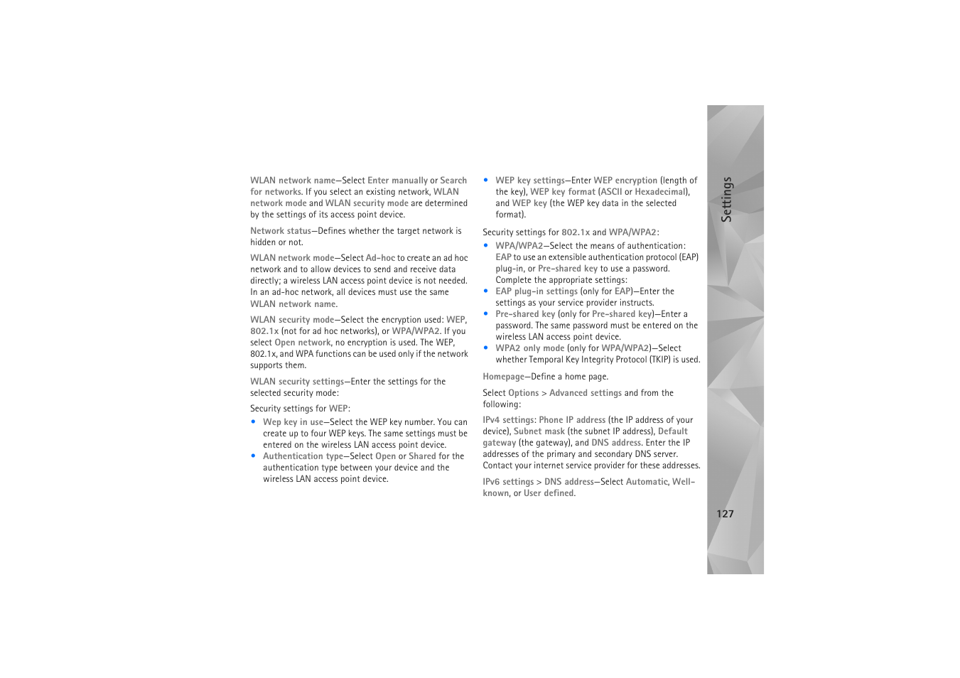 Settings | Nokia N81 User Manual | Page 127 / 146