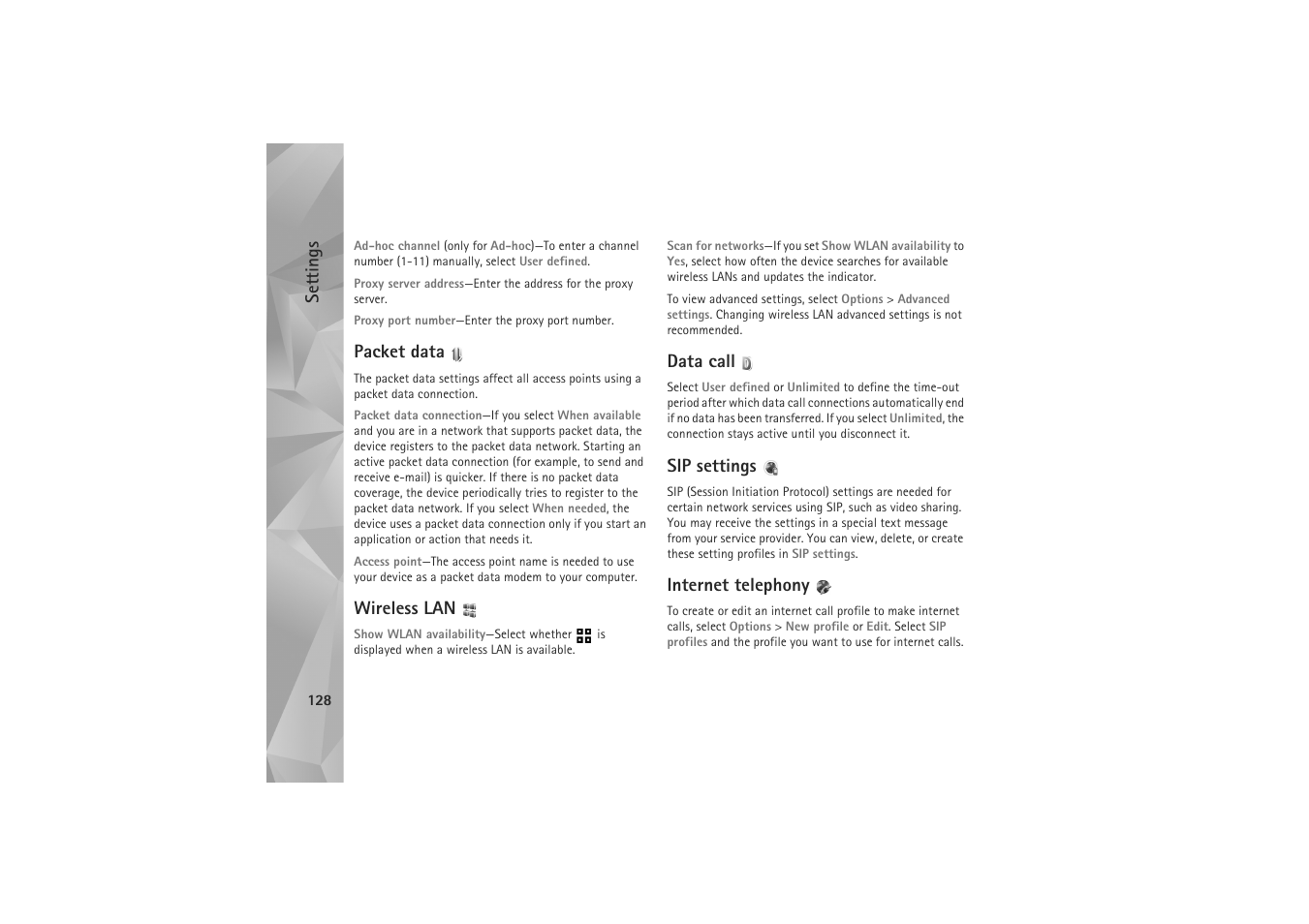 Settings, Packet data, Wireless lan | Data call, Sip settings, Internet telephony | Nokia N81 User Manual | Page 128 / 146