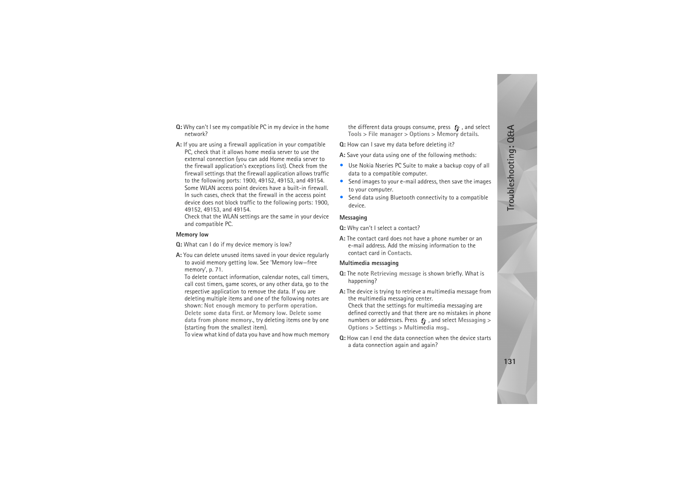 Troubleshooting: q&a | Nokia N81 User Manual | Page 131 / 146