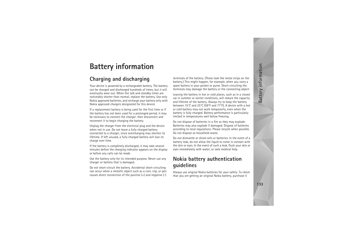 Battery information, Charging and discharging, Nokia battery authentication guidelines | Nokia N81 User Manual | Page 133 / 146