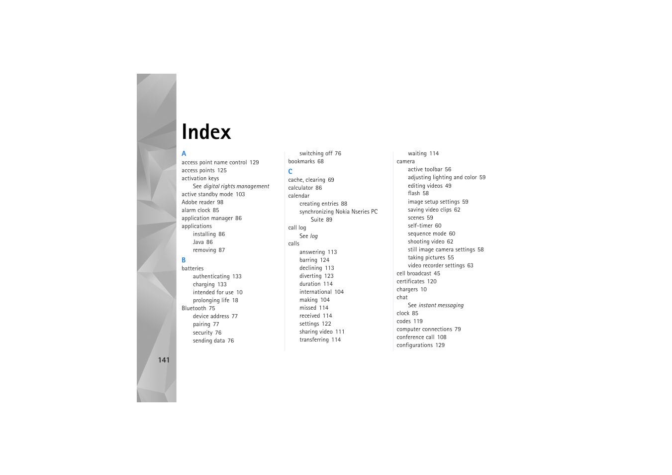 Index | Nokia N81 User Manual | Page 141 / 146