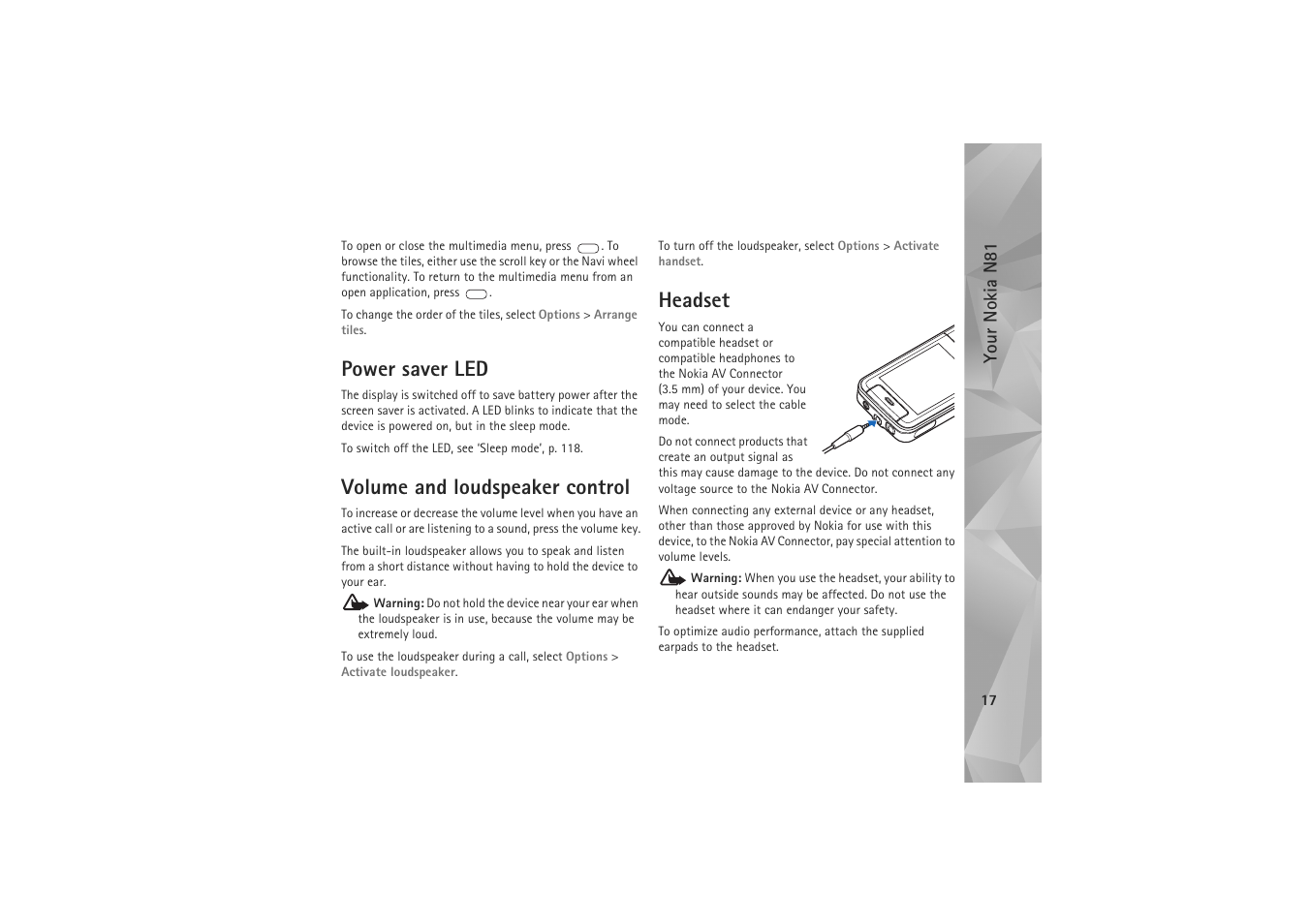 Power saver led, Volume and loudspeaker control, Headset | Nokia N81 User Manual | Page 17 / 146