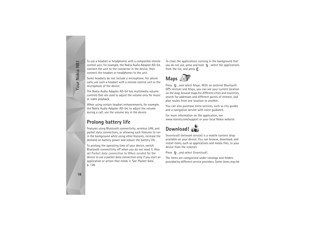 Prolong battery life maps, Download, Prolong battery life | Maps | Nokia N81 User Manual | Page 18 / 146