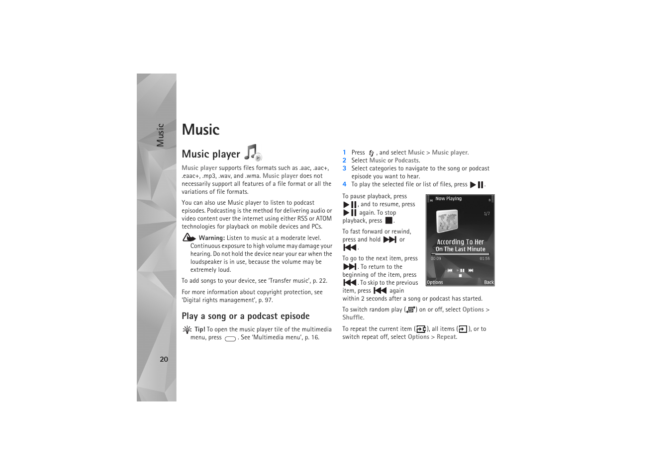 Music, Music player, Play a song or a podcast episode | Nokia N81 User Manual | Page 20 / 146