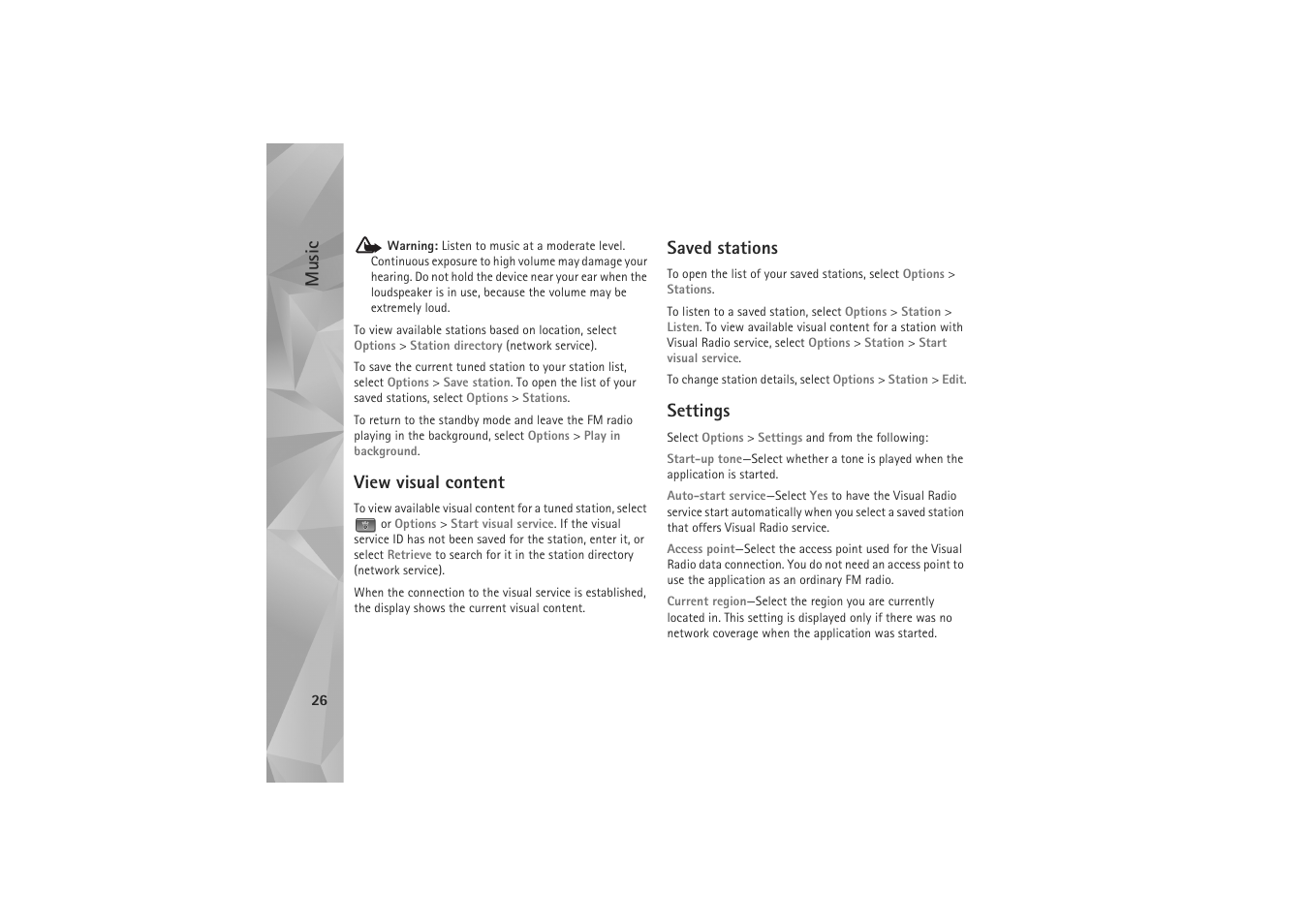 View visual content, Saved stations, Settings | Music | Nokia N81 User Manual | Page 26 / 146