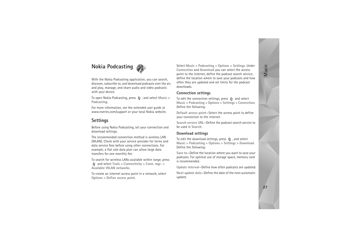 Nokia podcasting, Settings, Music | Nokia N81 User Manual | Page 27 / 146