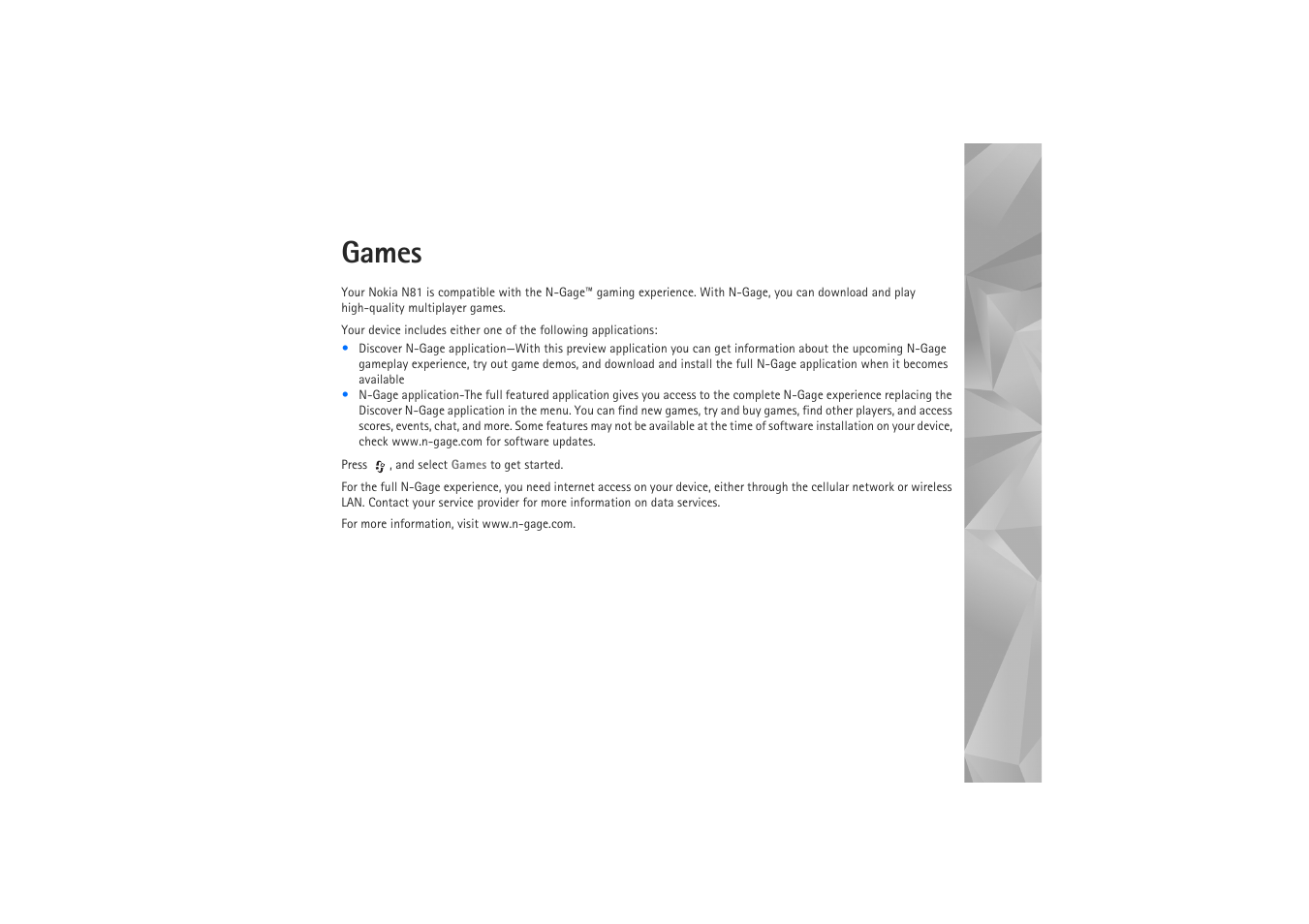 Games | Nokia N81 User Manual | Page 31 / 146