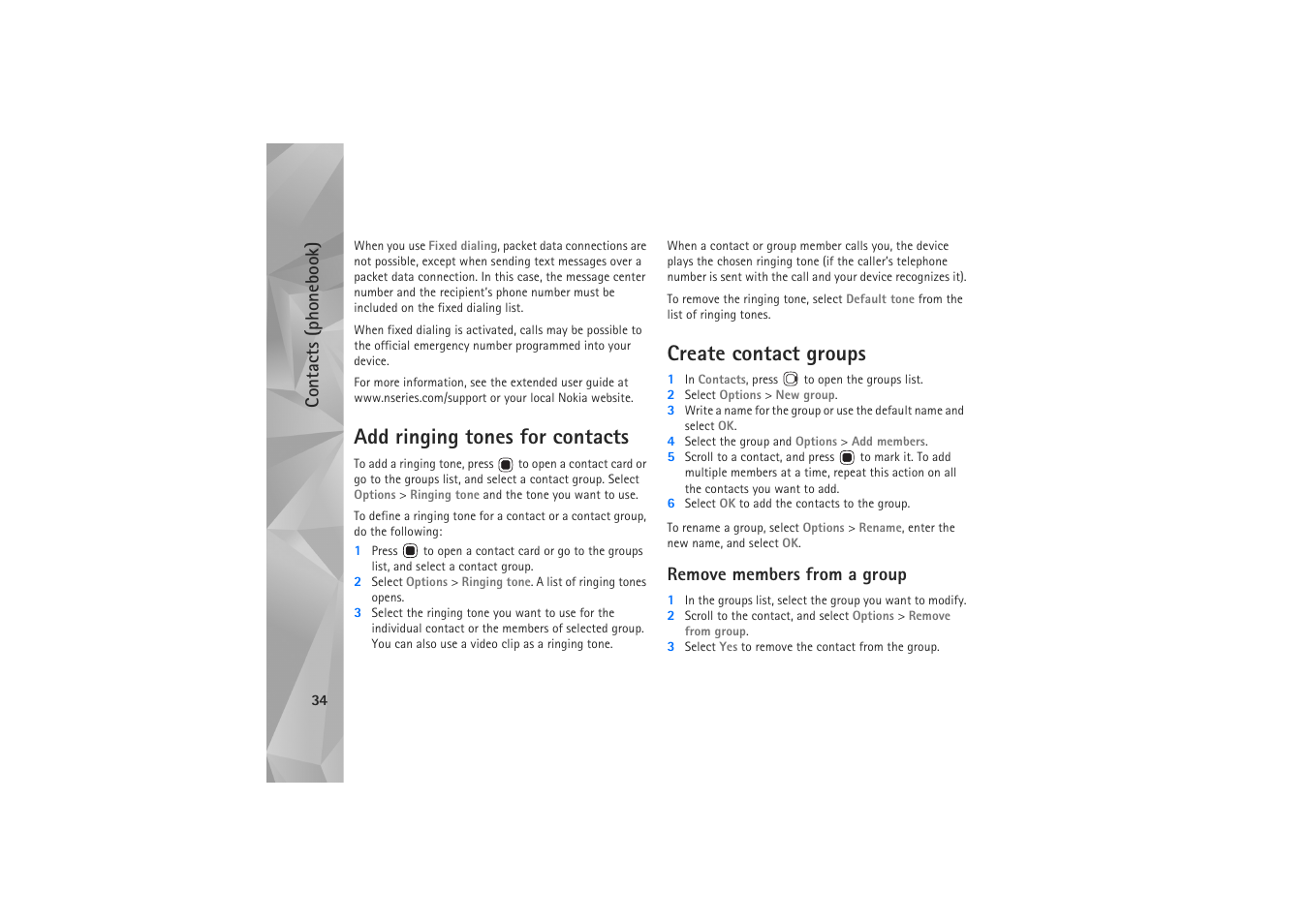 Add ringing tones for contacts, Create contact groups, Remove members from a group | Contacts (phonebook) | Nokia N81 User Manual | Page 34 / 146