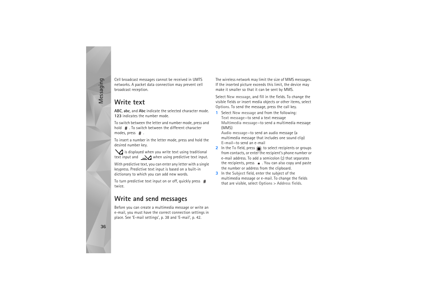 Write text, Write and send messages, Write text write and send messages | Messaging | Nokia N81 User Manual | Page 36 / 146