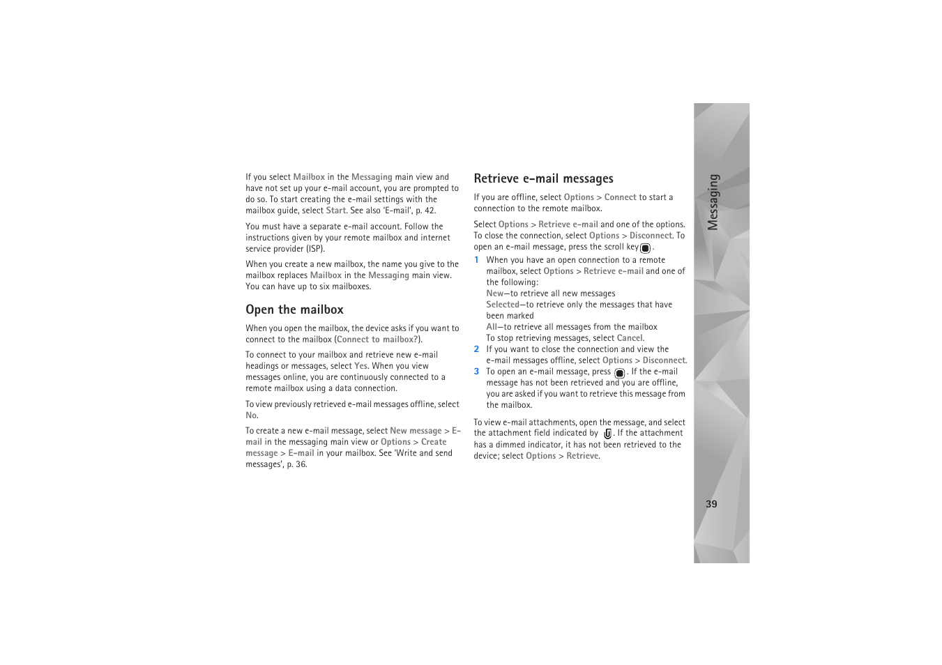 Open the mailbox, Retrieve e-mail messages, Messaging | Nokia N81 User Manual | Page 39 / 146
