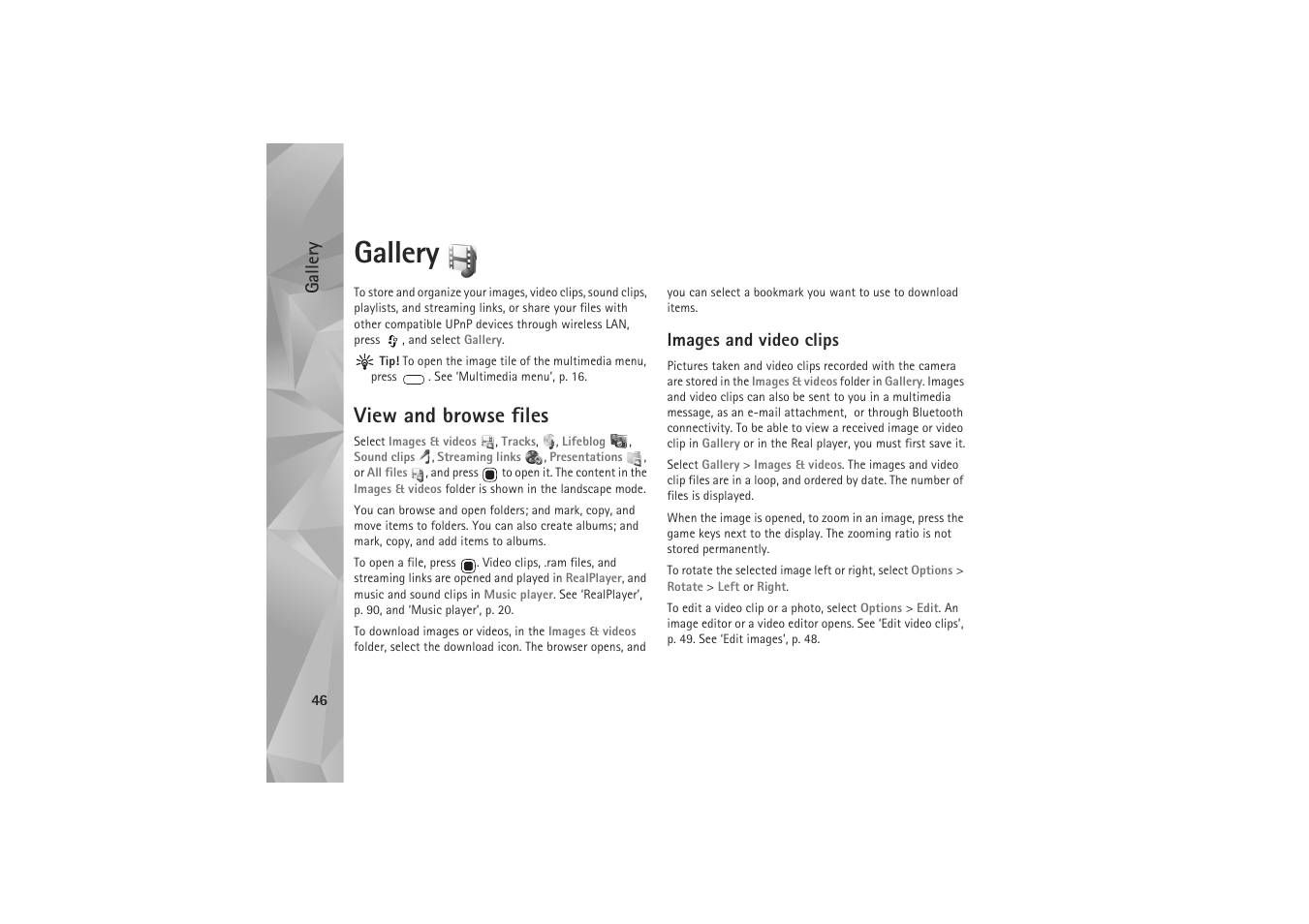 Gallery, View and browse files, Images and video clips | Nokia N81 User Manual | Page 46 / 146