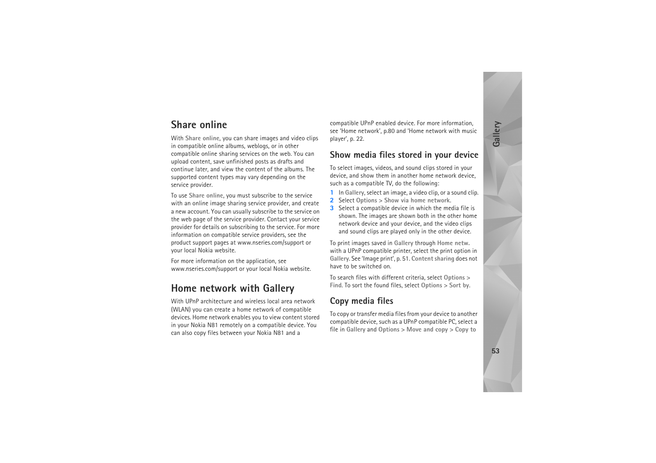 Share online, Home network, Show media files stored in your device | Copy media files, Share online home network with gallery, And ‘home network with gallery’, p. 53, Home network with gallery, Gallery | Nokia N81 User Manual | Page 53 / 146