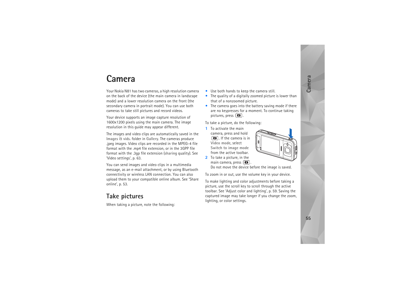 Camera, Take pictures | Nokia N81 User Manual | Page 55 / 146