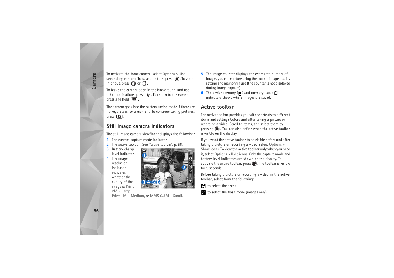 Still image camera indicators, Active toolbar, Camera | Nokia N81 User Manual | Page 56 / 146