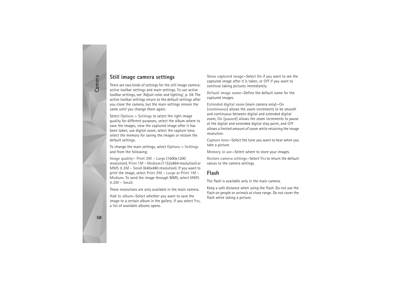 Still image camera settings, Flash, Camera | Nokia N81 User Manual | Page 58 / 146
