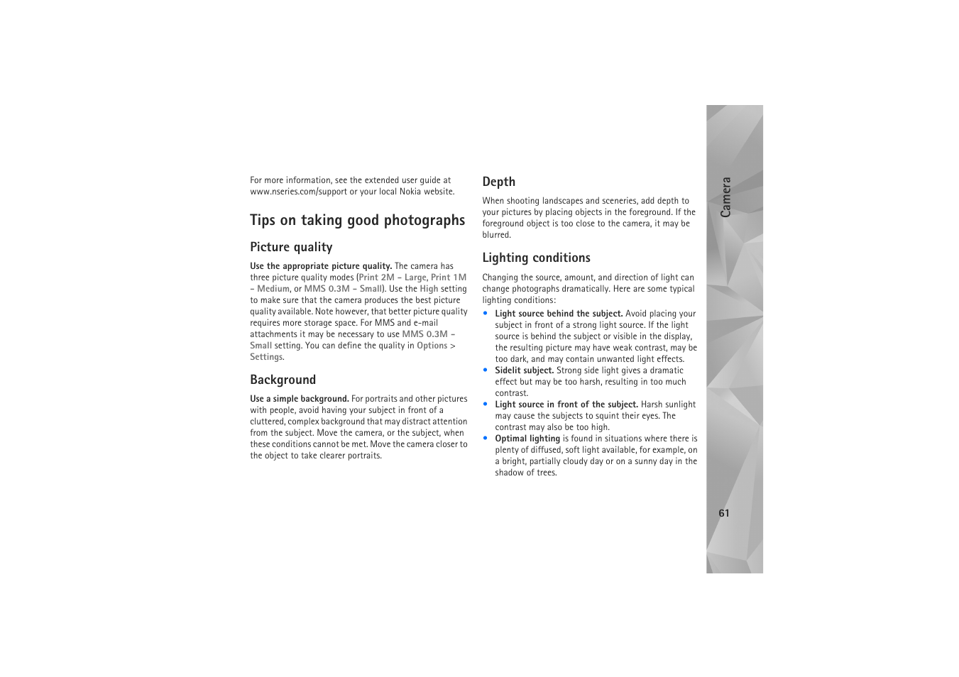 Tips on taking good photographs, Picture quality, Background | Depth, Lighting conditions | Nokia N81 User Manual | Page 61 / 146