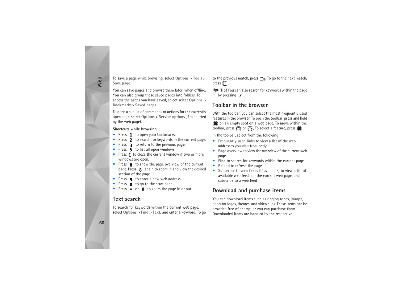 Text search, Toolbar in the browser, Download and purchase items | Nokia N81 User Manual | Page 66 / 146