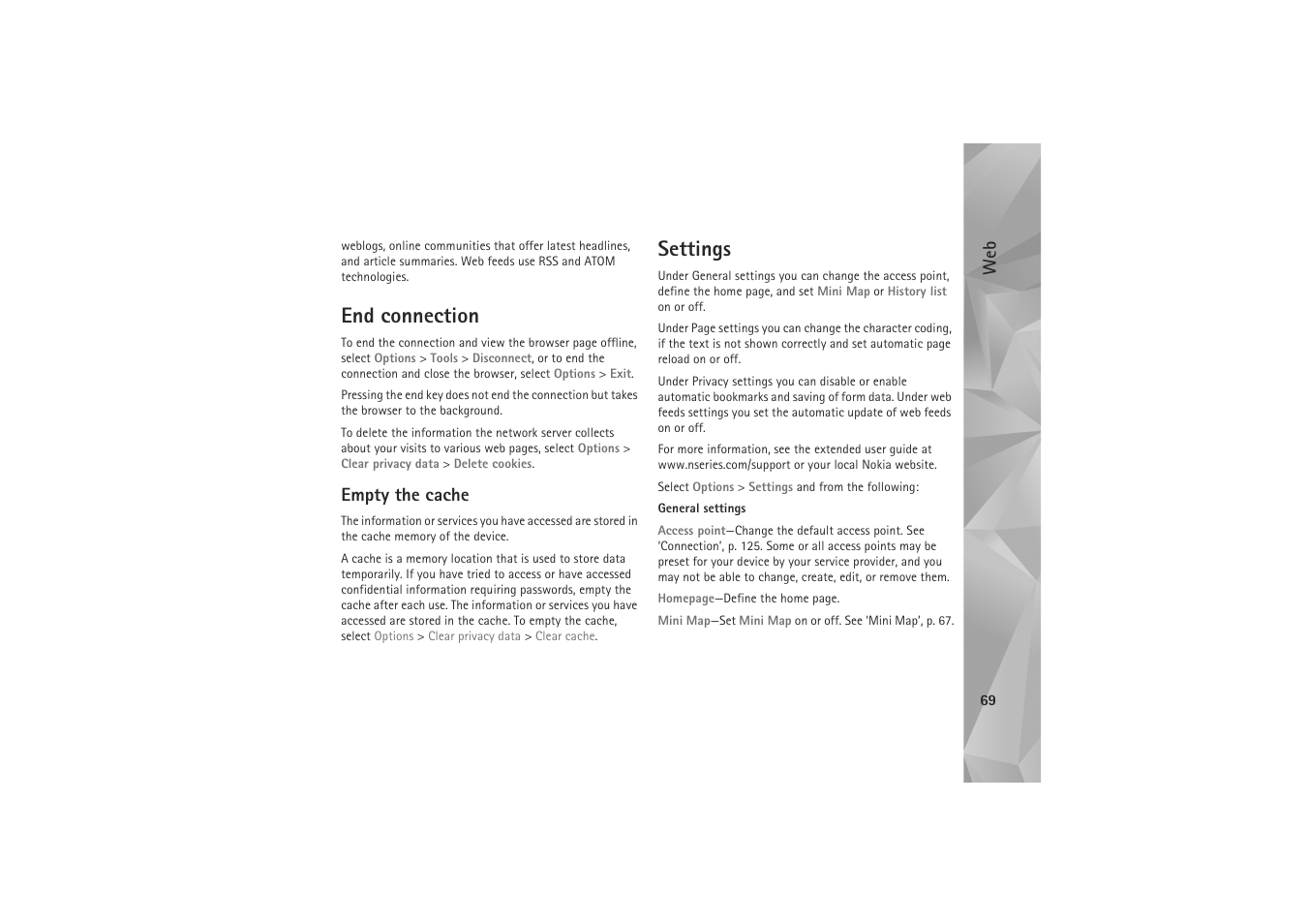 End connection, Empty the cache, Settings | End connection settings | Nokia N81 User Manual | Page 69 / 146