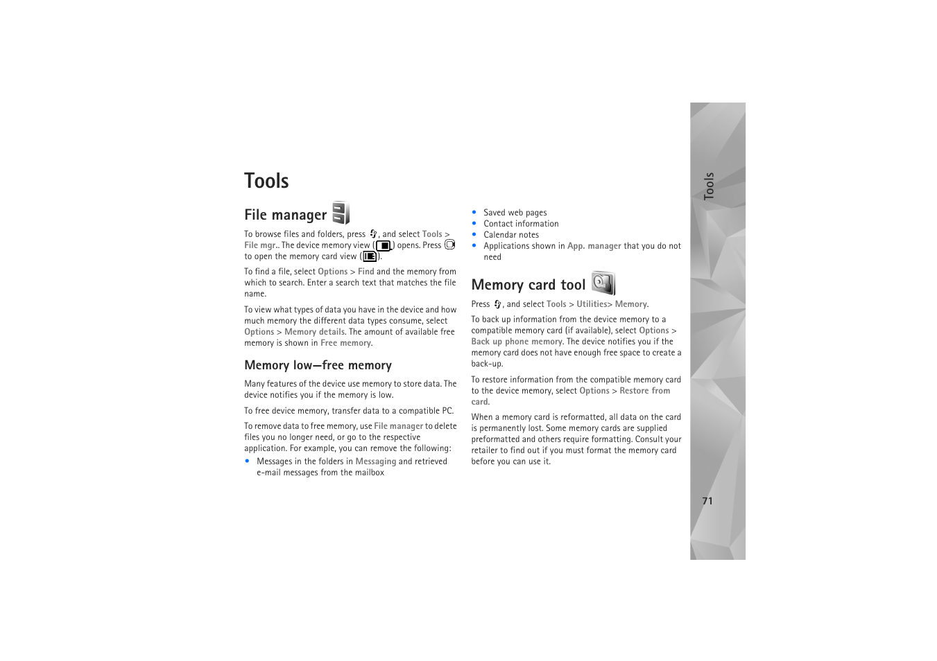 Tools, File manager, Memory low—free memory | Memory card tool, File manager memory card tool | Nokia N81 User Manual | Page 71 / 146