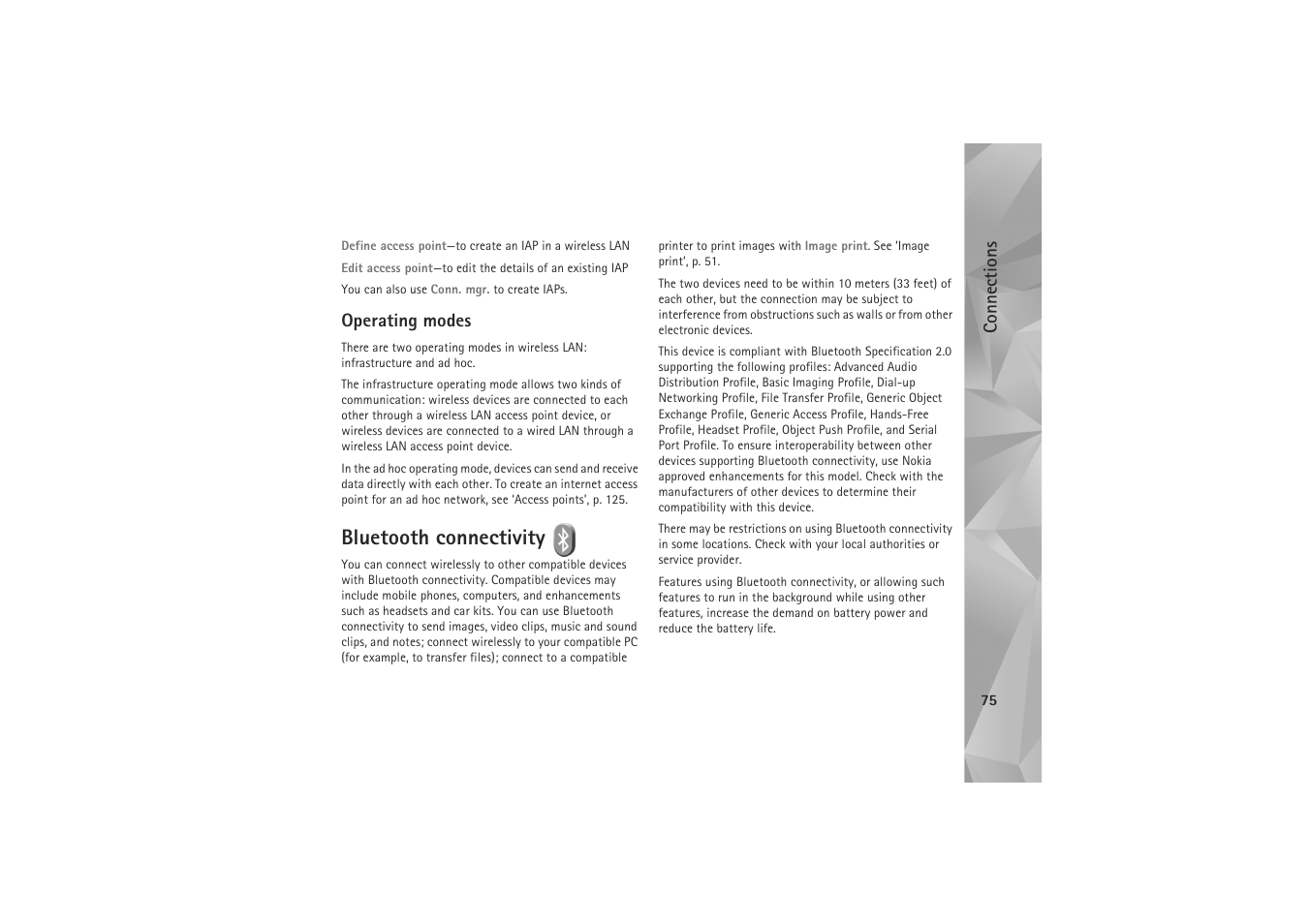 Operating modes, Bluetooth connectivity, E ‘bluetooth connectivity | 75, a, Tooth connectivity’, p. 75, a | Nokia N81 User Manual | Page 75 / 146