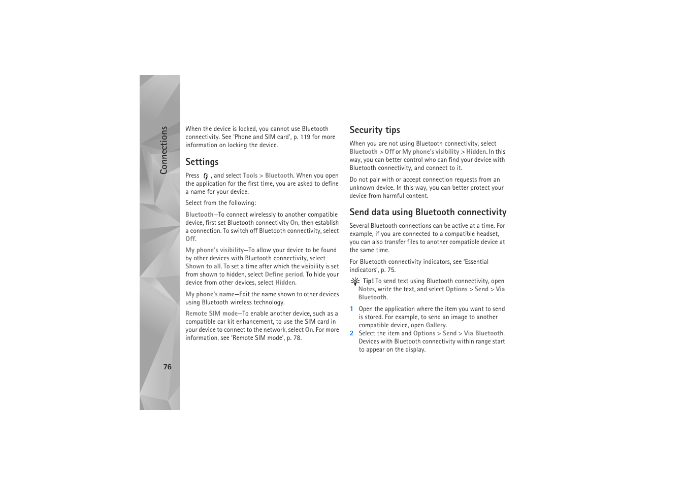 Settings, Security tips, Send data using bluetooth connectivity | Connections | Nokia N81 User Manual | Page 76 / 146