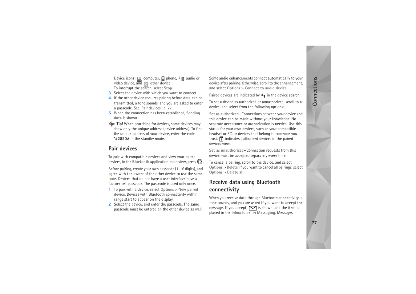 Pair devices, Receive data using bluetooth connectivity, Connections | Nokia N81 User Manual | Page 77 / 146