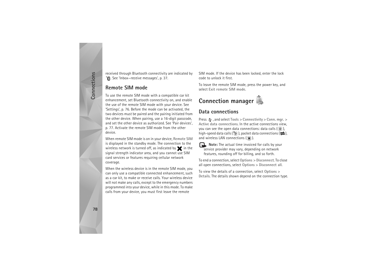 Remote sim mode, Connection manager, Data connections | Connection manager’, p. 78, See ‘remote sim mode, P. 78, Connections | Nokia N81 User Manual | Page 78 / 146