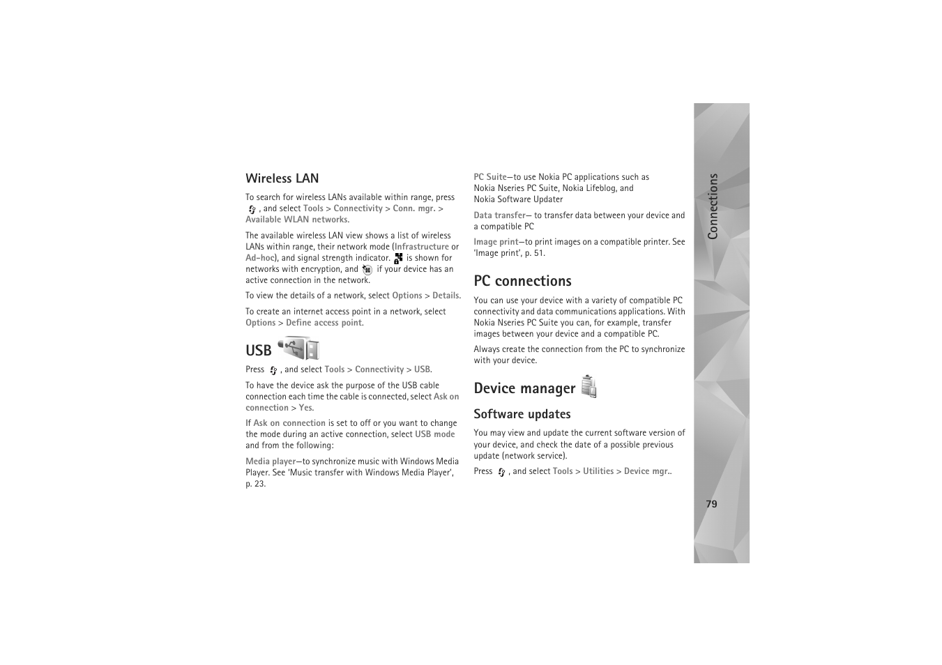 Wireless lan, Pc connections, Device manager | Software updates, Usb pc connections device manager, Connections | Nokia N81 User Manual | Page 79 / 146