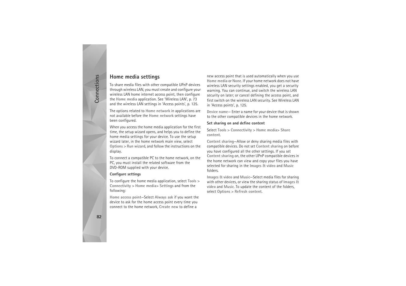 Home media settings, Settings, see ‘home media settings, Connections | Nokia N81 User Manual | Page 82 / 146