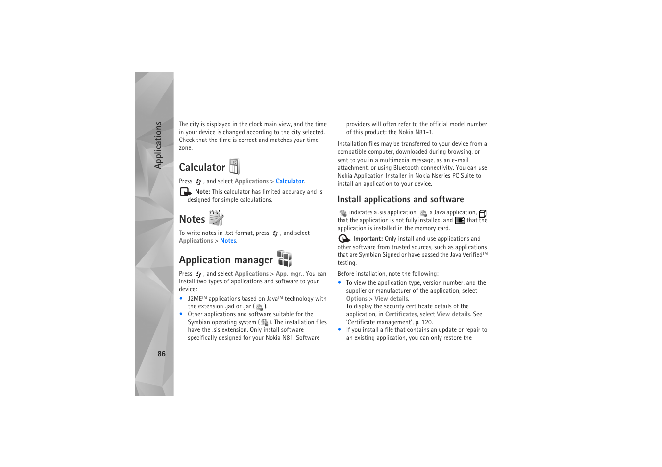 Calculator, Notes, Application manager | Install applications and software, Calculator notes application manager, Applications | Nokia N81 User Manual | Page 86 / 146