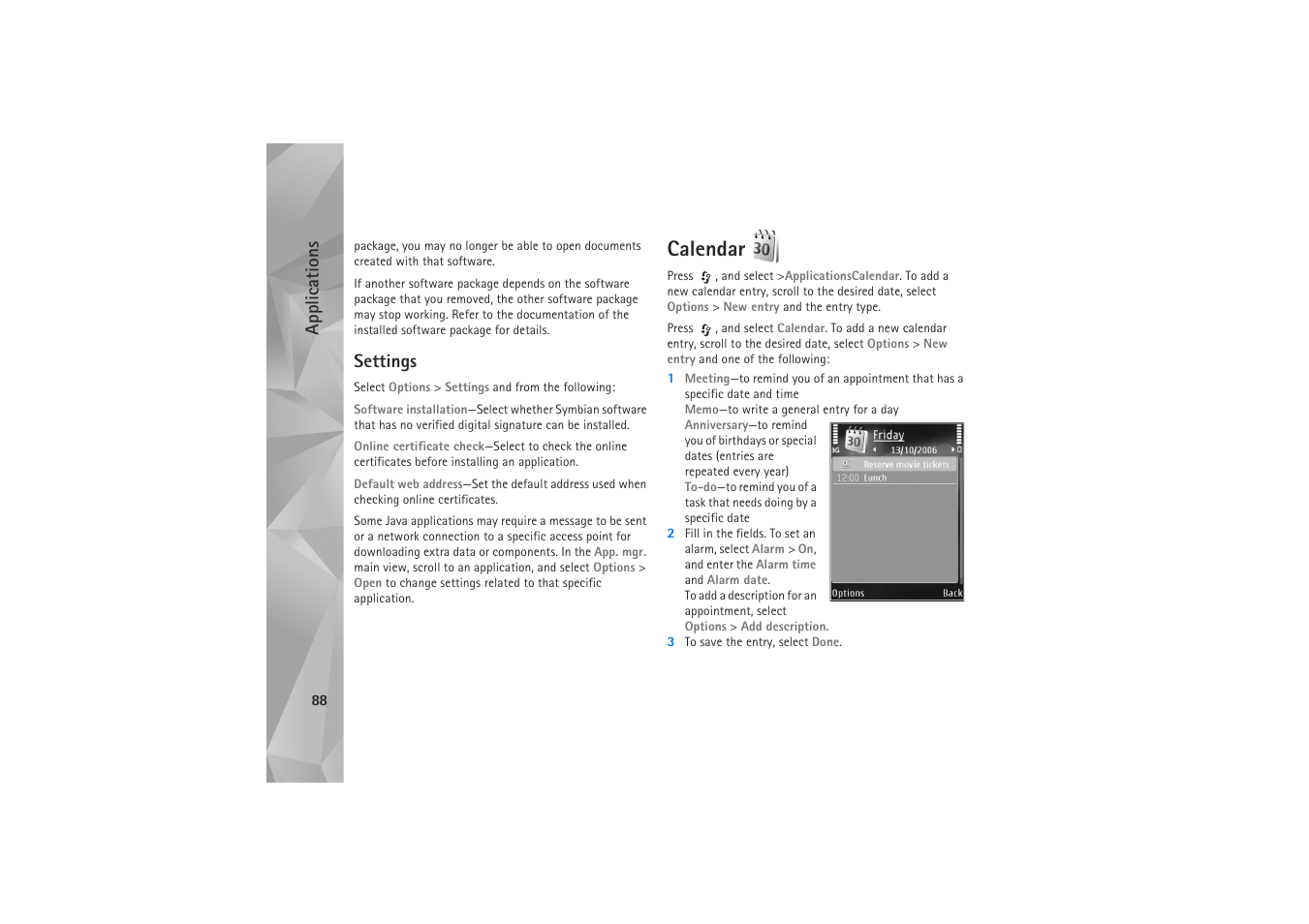 Settings, Calendar, Applications | Nokia N81 User Manual | Page 88 / 146