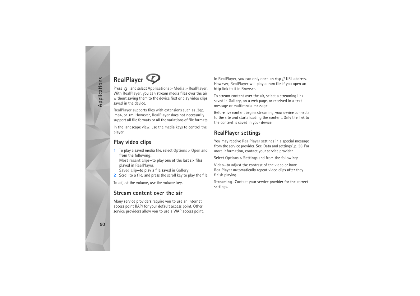 Realplayer, Play video clips, Stream content over the air | Realplayer settings, 90, and ‘music player, Applications | Nokia N81 User Manual | Page 90 / 146