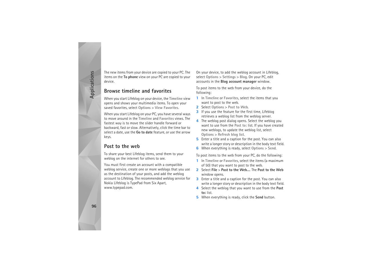 Browse timeline and favorites, Post to the web, Applications | Nokia N81 User Manual | Page 96 / 146