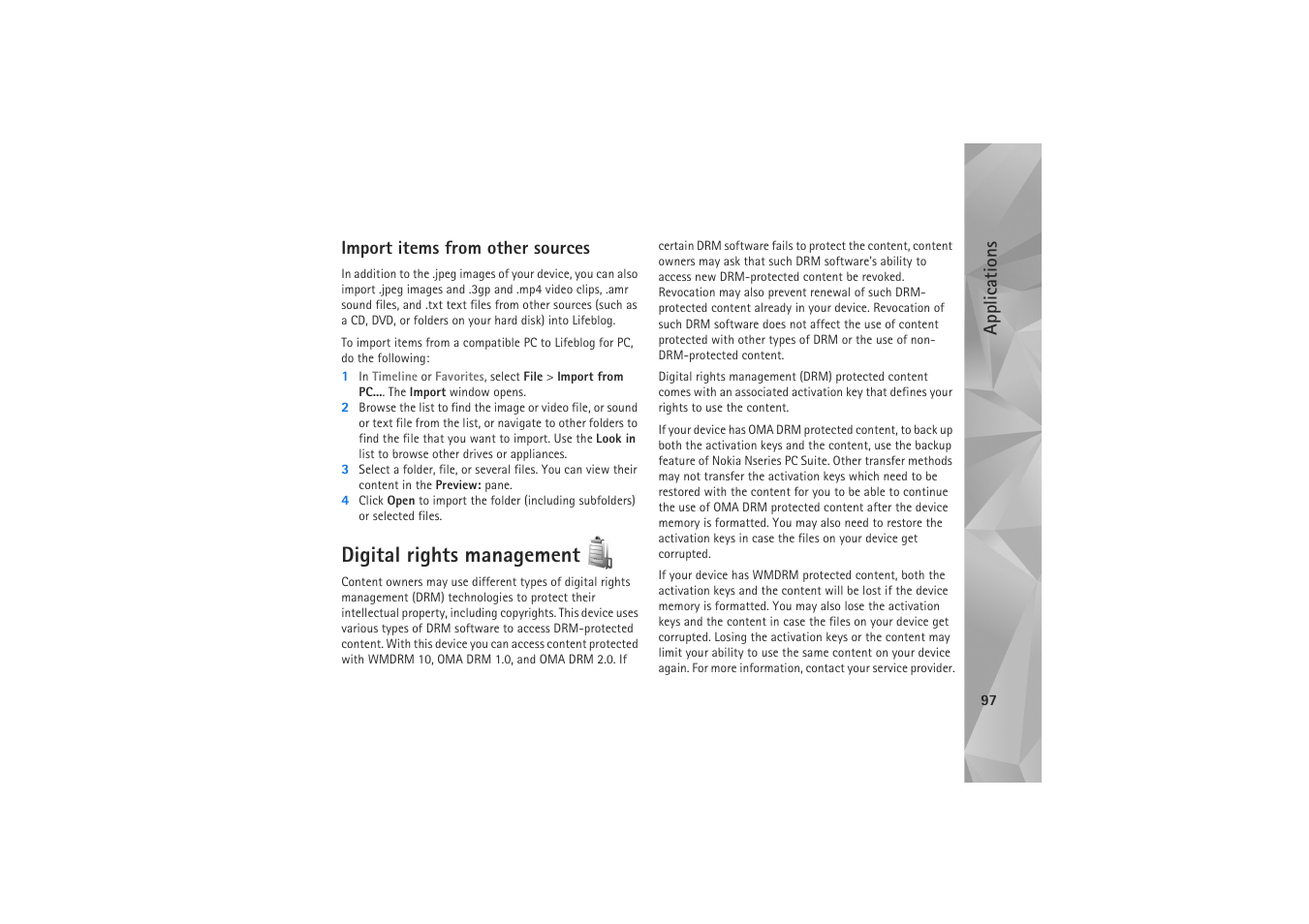 Import items from other sources, Digital rights management | Nokia N81 User Manual | Page 97 / 146