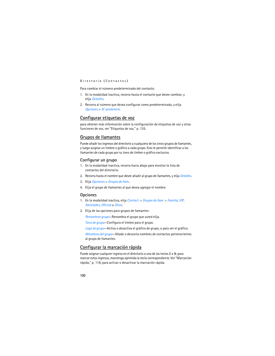 Configurar etiquetas de voz, Grupos de llamantes, Configurar la marcación rápida | Nokia 2125i User Manual | Page 101 / 161