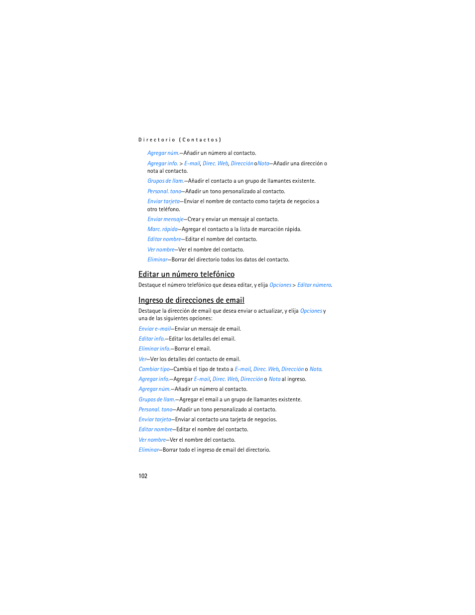 Editar un número telefónico, Ingreso de direcciones de email | Nokia 2125i User Manual | Page 103 / 161