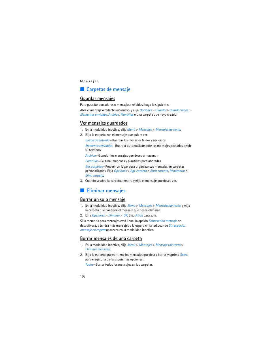 Carpetas de mensaje, Eliminar mensajes, Guardar mensajes | Ver mensajes guardados, Borrar un solo mensaje, Borrar mensajes de una carpeta | Nokia 2125i User Manual | Page 109 / 161