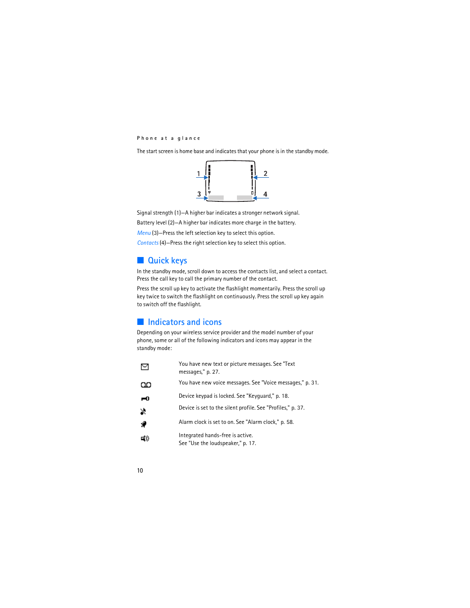 Quick keys, Indicators and icons | Nokia 2125i User Manual | Page 11 / 161