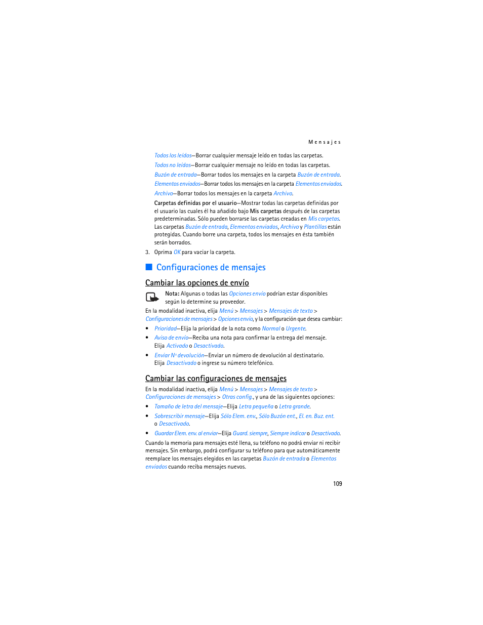 Configuraciones de mensajes, Cambiar las opciones de envío, Cambiar las configuraciones de mensajes | Nokia 2125i User Manual | Page 110 / 161