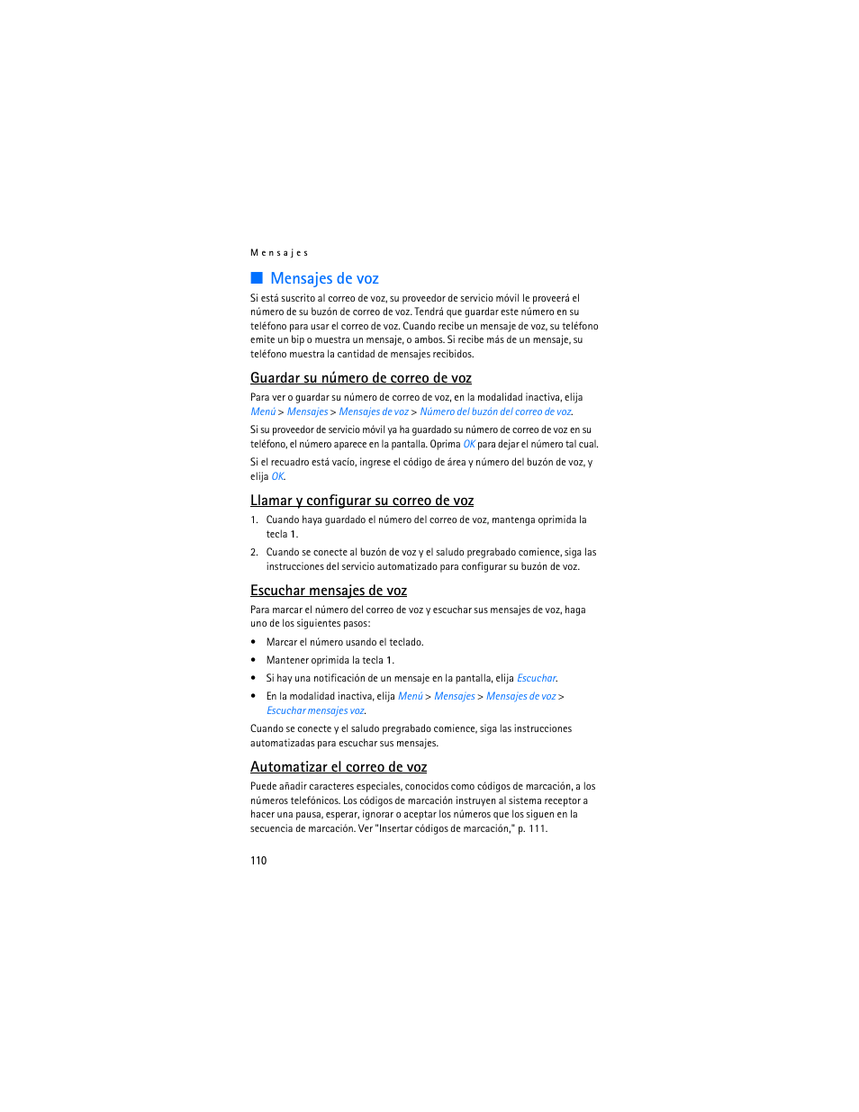 Mensajes de voz, Guardar su número de correo de voz, Llamar y configurar su correo de voz | Escuchar mensajes de voz, Automatizar el correo de voz | Nokia 2125i User Manual | Page 111 / 161