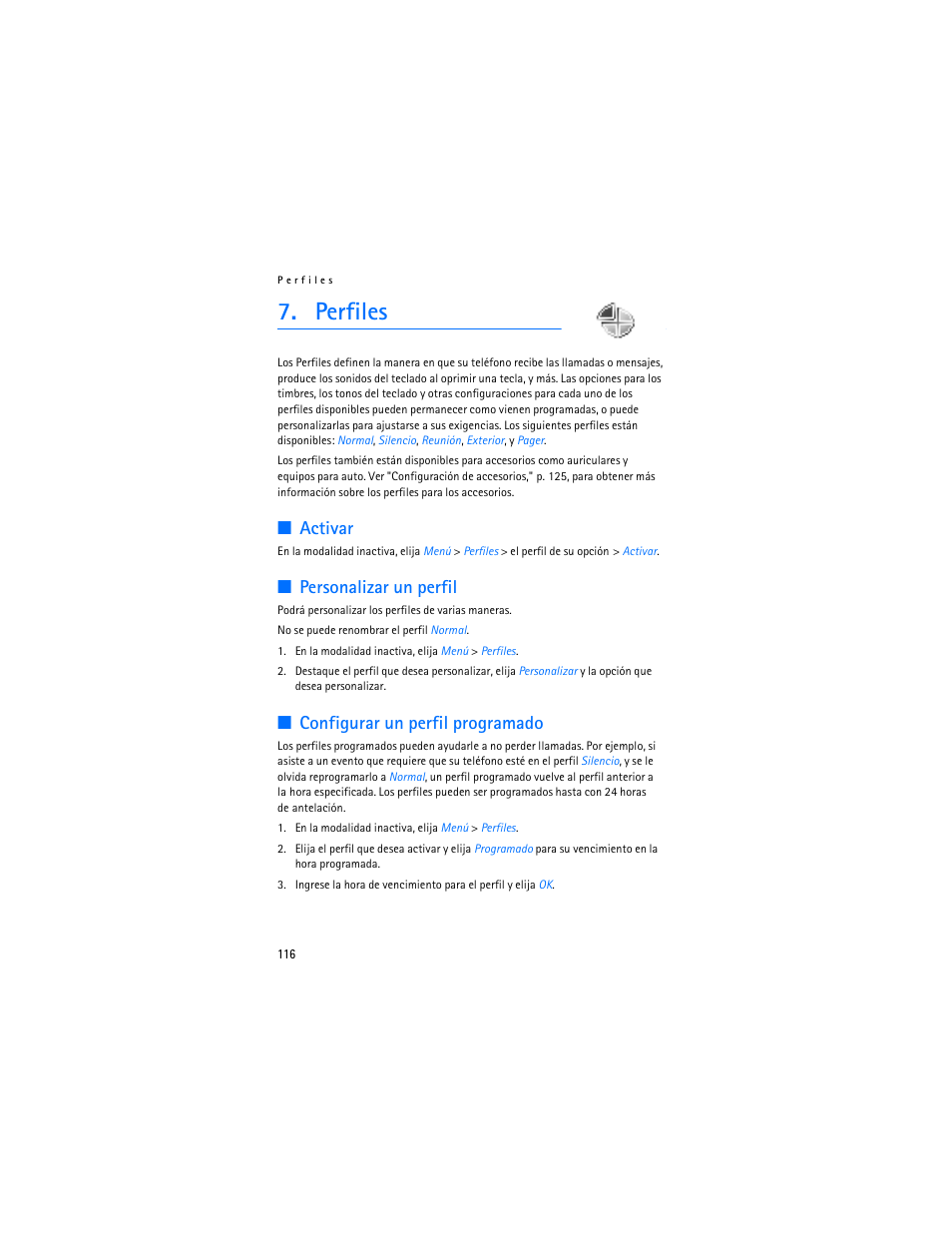 Perfiles, Activar, Personalizar un perfil | Configurar un perfil programado | Nokia 2125i User Manual | Page 117 / 161