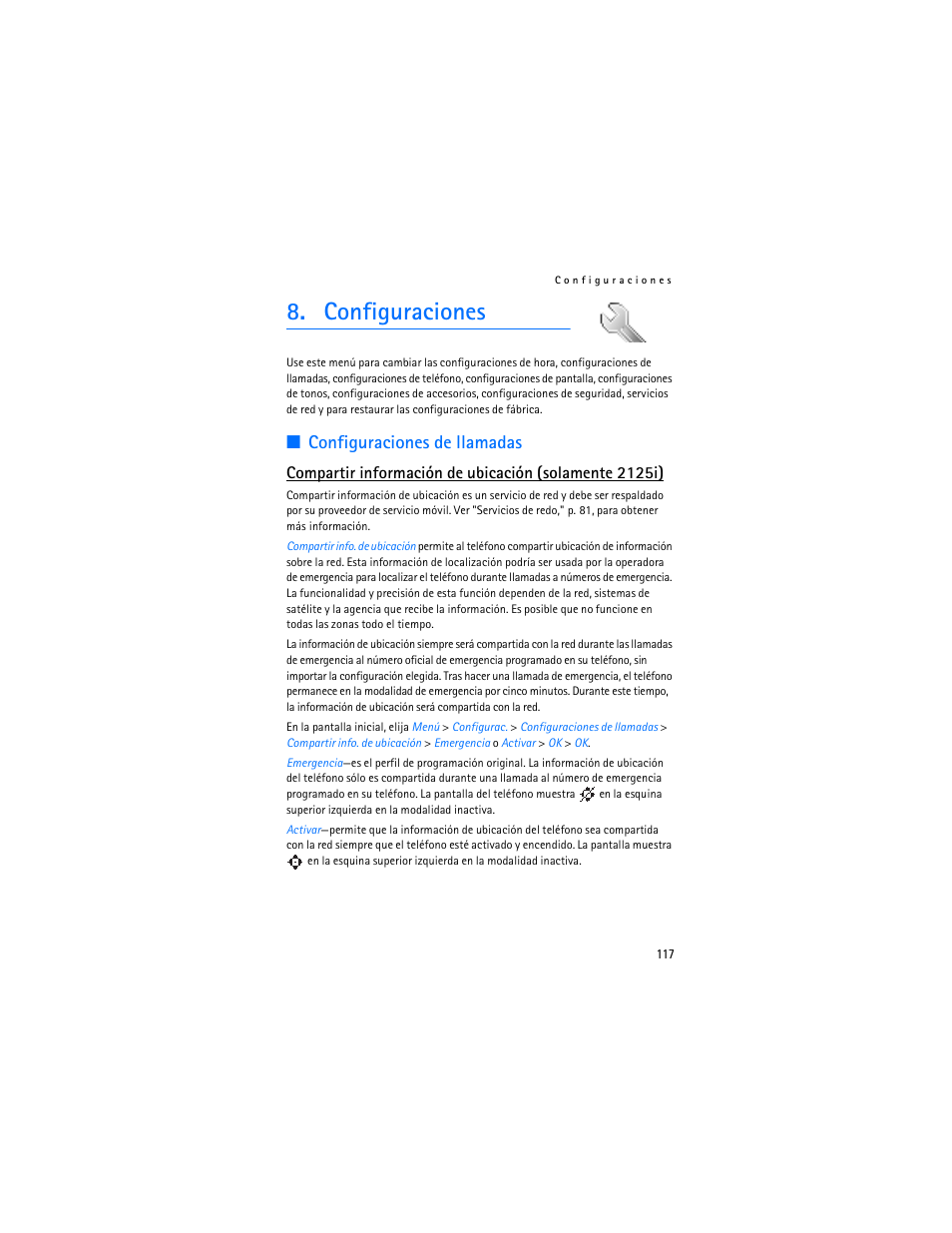 Configuraciones, Configuraciones de llamadas | Nokia 2125i User Manual | Page 118 / 161