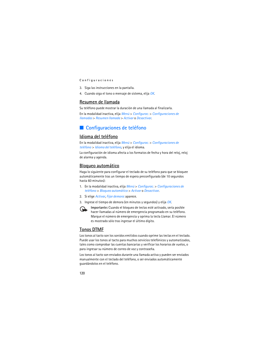 Bloqueo automático, Configuraciones de teléfono, Resumen de llamada | Idioma del teléfono, Tonos dtmf | Nokia 2125i User Manual | Page 121 / 161