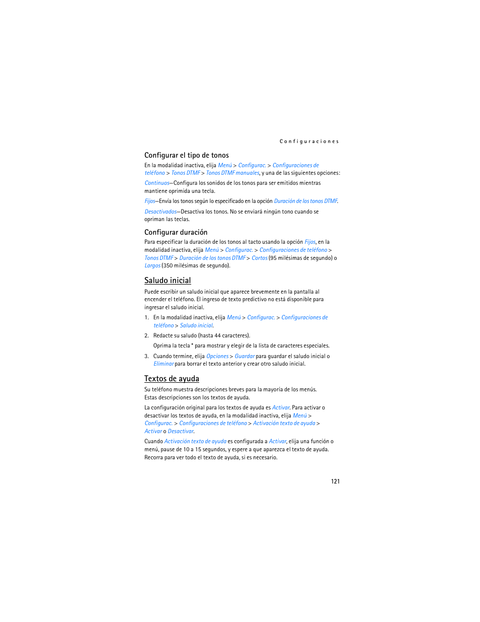 Saludo inicial, Textos de ayuda | Nokia 2125i User Manual | Page 122 / 161